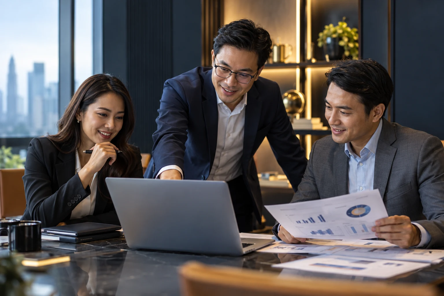 Consultant and client executives reviewing business progress together